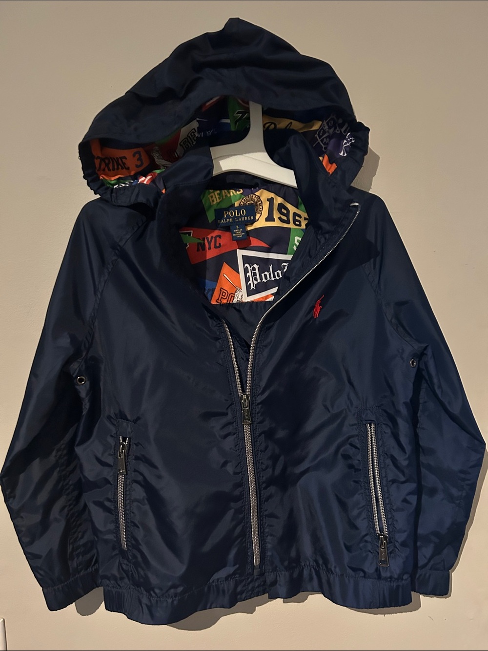 Polo by Ralph Lauren Navy Hooded Kids Rain Jacket with red Logo size 5